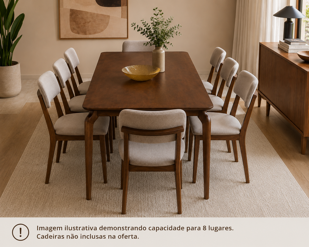 04 mesa de jantar retangular lirio madeira macica castanho tampo de madeira tauari canto redondo